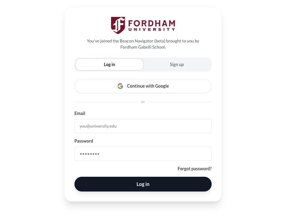 Co-branded Navigator login — Fordham University example